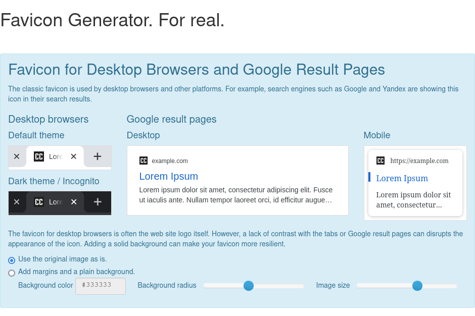 RealFaviconGenerator options page