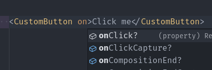 VSCode IntelliSense suggesting regular HTML button attributes for a custom button component