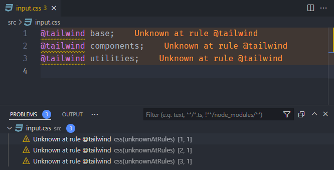 Unknown at rule @tailwind